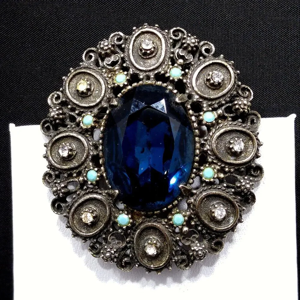 Florenza Blue Faceted Glass Brooch & Pendant, Antique Silver Tone, Gold Plated